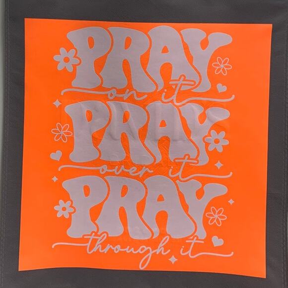 New Upcycled Hand Printed Pray On It Over It Through It Shopper Tote Bag - Picture 2 of 4